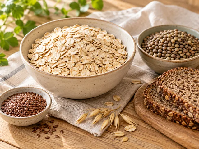 Haferflocken, Linsen, Leinsamen und Vollkornbrot auf einem Holztisch.
